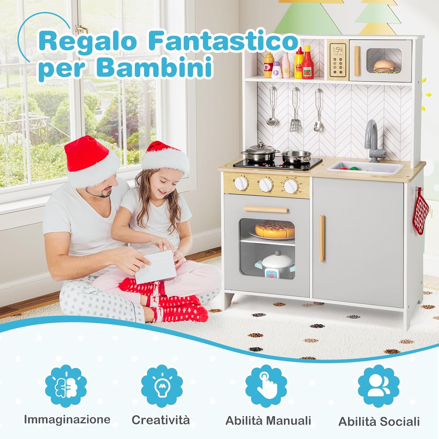 Cucina Giocattolo con Fornelli a Suoni e Luci Reali, Cucina per Bambini in Legno con Lavandelo Estrabile, Microonde e Forno, Set Cucina con Accessori, 60 x 30 x 85 cm, per Bambini 3+ Anni
