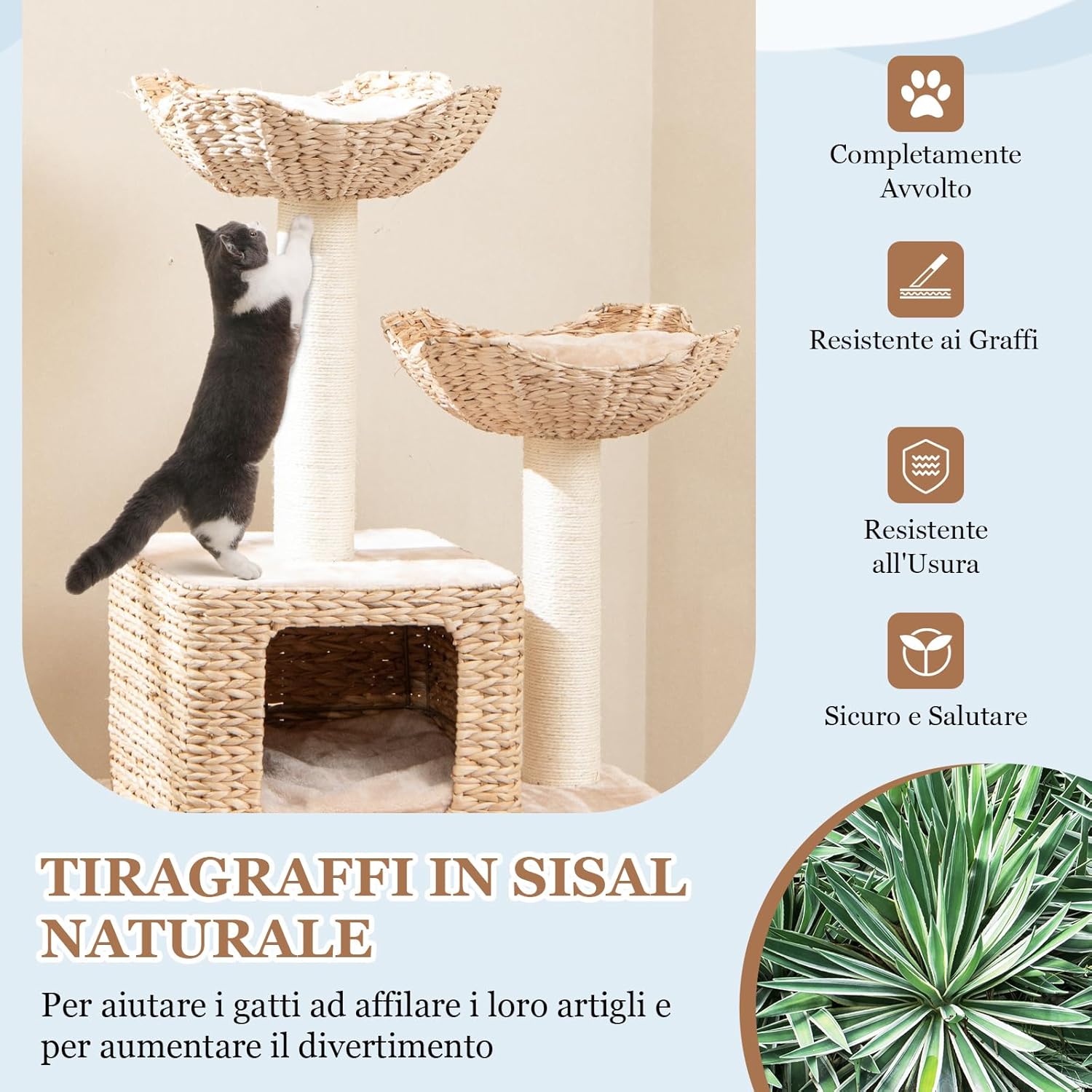 Tiragraffi per Gatti 122cm, Albero per Gatti con Posti per Graffiare in Sisal, Cuccia in Velluto a Coste, Scala e Cuscini Lavabili, Torre Cattail per Animali Domestici, Beige e Naturale
