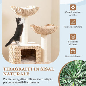 Tiragraffi per Gatti 122cm, Albero per Gatti con Posti per Graffiare in Sisal, Cuccia in Velluto a Coste, Scala e Cuscini Lavabili, Torre Cattail per Animali Domestici, Beige e Naturale