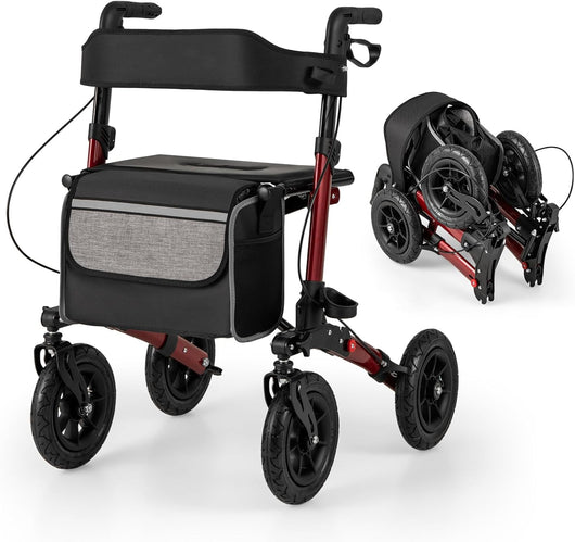 Deambulatore Pieghevole per Anziani in Alluminio, Rollator Regolabile in Altezza con Seduta, Schienale e Freni, Girello per Anziani con Borsetta, Carico Massimo 140 kg (Rosso)