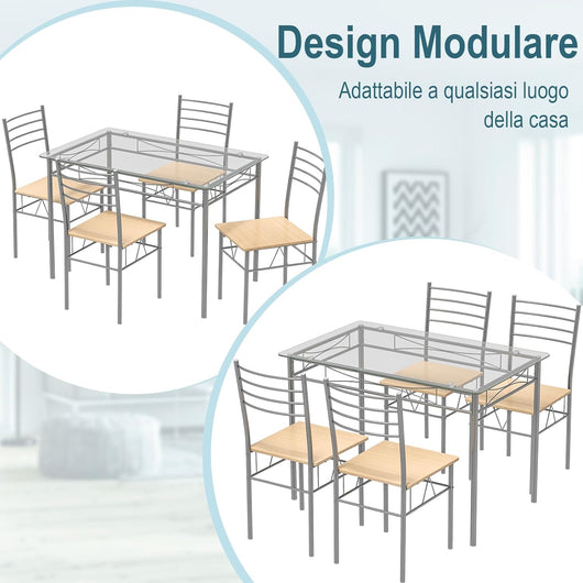 Set Tavolo e Sedie da Pranzo Moderno 5 pezzi, Tavolo Rettangolare da Cucina in Vetro e 4 Sedie con Struttura Metallica Antigraffio, Set di Mobili da Cucina e Sala da Pranzo Salvaspazio