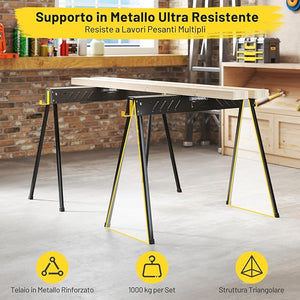 Set di 2 Cavalletti da Lavoro, Cavalletti Pieghevoli e Portatili in Metallo Resistente con Bracci di Supporto Rimovibili 2 x 4, Portata 1000 kg, Supporto per Sega per Officina