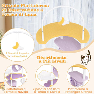 Tiragraffi per Gatti 158cm, Albero per Gatti con Multi Livelli, Struttura in Metallo, Trespolo Superiore e Piattaforme per Salti, Torre per Animali Interno, Viola, Bianco e Giallo
