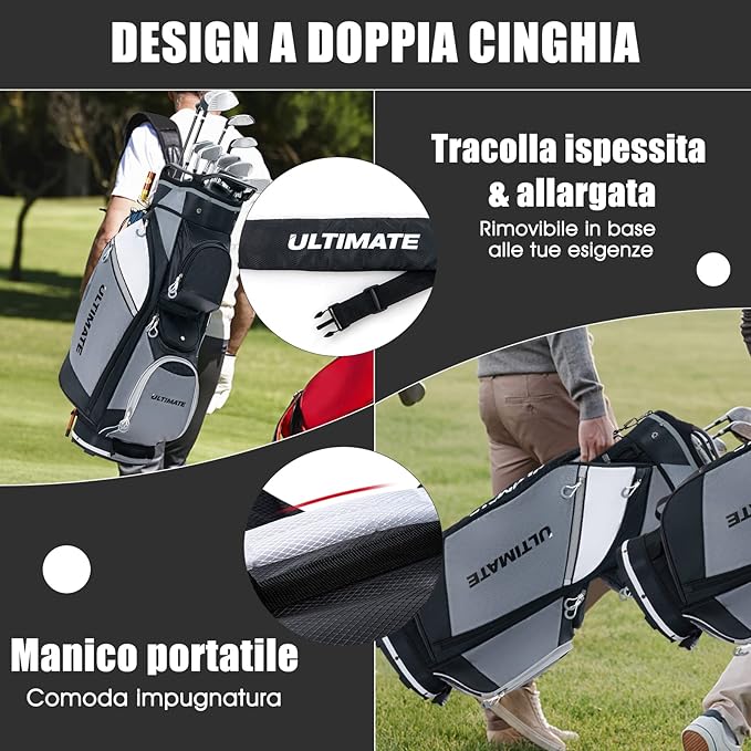 Borsa da Golf con 14 Divisori, Sacca per Mazze da Golf con Borsa Termica, Cappuccio Impermeabile, Maniglie e Tracolla, Ideale per Uomini e Donne, Nero e Grigio