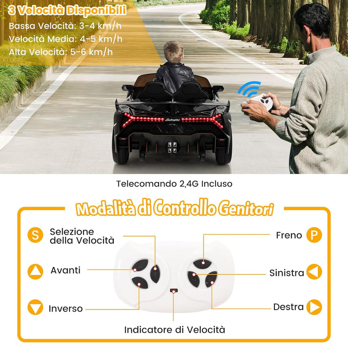 Lamborghini Macchina Elettrica per Bambini, Auto Elettrica Cavalcabile con Telecomando Luci LED, 3 Velocità, 3-6 km/h, Modalità Dondolo, per Bambini 3-8 Anni (Nero)