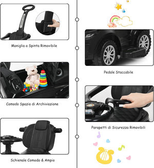 3 in 1 Macchina Cavalcabile a Spinta per Bambini, con Clacson Musica Luce Portaoggetti Sotto Sedile, Auto a Spinta per Bambini di 1-3 Anni (Nero)