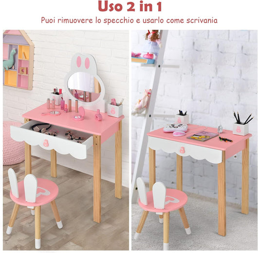 Toeletta Trucco 2 in 1 per Bambina, Specchiera a Forma di Coniglio Staccabile per Ragazza in Legno con Sgabello, Portapenni e Cassetto, Postazione Trucco, 60 x 34 x 103cm (Rosa)
