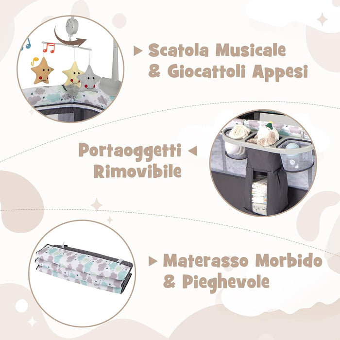 4 in 1 Lettino per Bambini con Materasso, Lettino Culla da Viaggio per Neonati, Culla Neonato con Fasciatoio, Box Portatile Pieghevole, con Ruote e Borsa, 125 x 65 x 119 cm (Grigio)