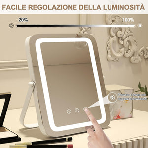 Specchio LED a 3 Colori, Specchio da Trucco con Controllo Tattile Intelligente, Girevole a 360° e Funzione di Memoria, Specchio da Tavolo Antideflagrante 25x30 cm