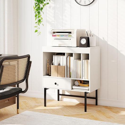 Armadio Camera da Letto 70 x 36 x 80 cm, Credenza Salvaspazia in Legno con Scomparti Aperti, Supporti per Album e Cassetto, Mobile Moderno per Sala Musica e Soggiorno (Bianco)