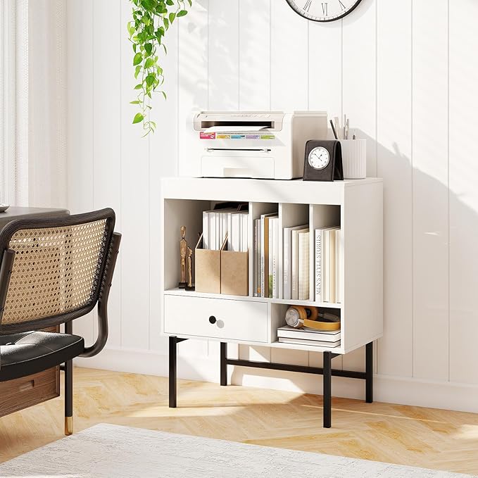 Armadio Camera da Letto 70 x 36 x 80 cm, Credenza Salvaspazia in Legno con Scomparti Aperti, Supporti per Album e Cassetto, Mobile Moderno per Sala Musica e Soggiorno (Bianco)