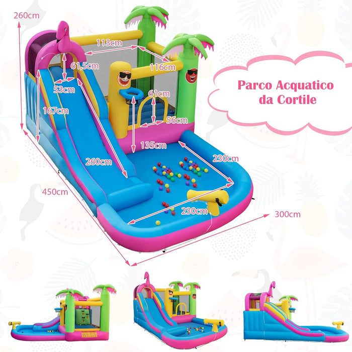 Castello Gonfiabile Fenicottero con Soffiatore 680W, Gonfiabile per Bambini con Scivolo, Area di Salto, Piscina e 50 Palline, Spruzzi, Arrampicata, Cannone e Canestro, 300 x 450 x 260 cm