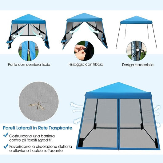 Gazebo Pop-up da Giardino 3 x 3 m, Tenda per Feste con Altezza Regolabile (237/255/246 cm), Gazebo Pieghevole da Esterno con Rete Impermeabile, per Campeggio, Giardino, Mercato (Blu)