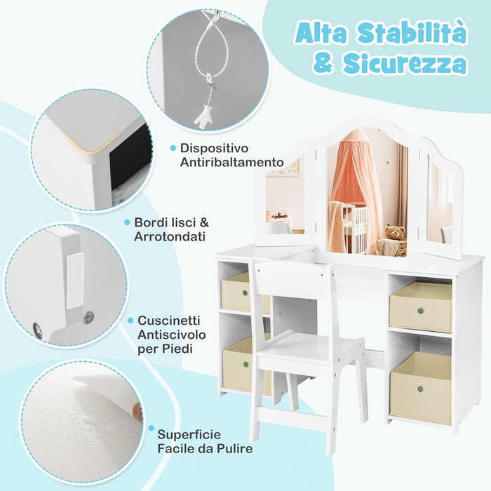 Toeletta Trucco 2 in 1 per Bambina, Specchiera Staccabile per Ragazza in Legno Robusto con 4 Cassetti in Tessuto, Sgabello e Specchio, Postazione Trucco per 3 Anni, 104 x 40 x 117 cm (Bianco)