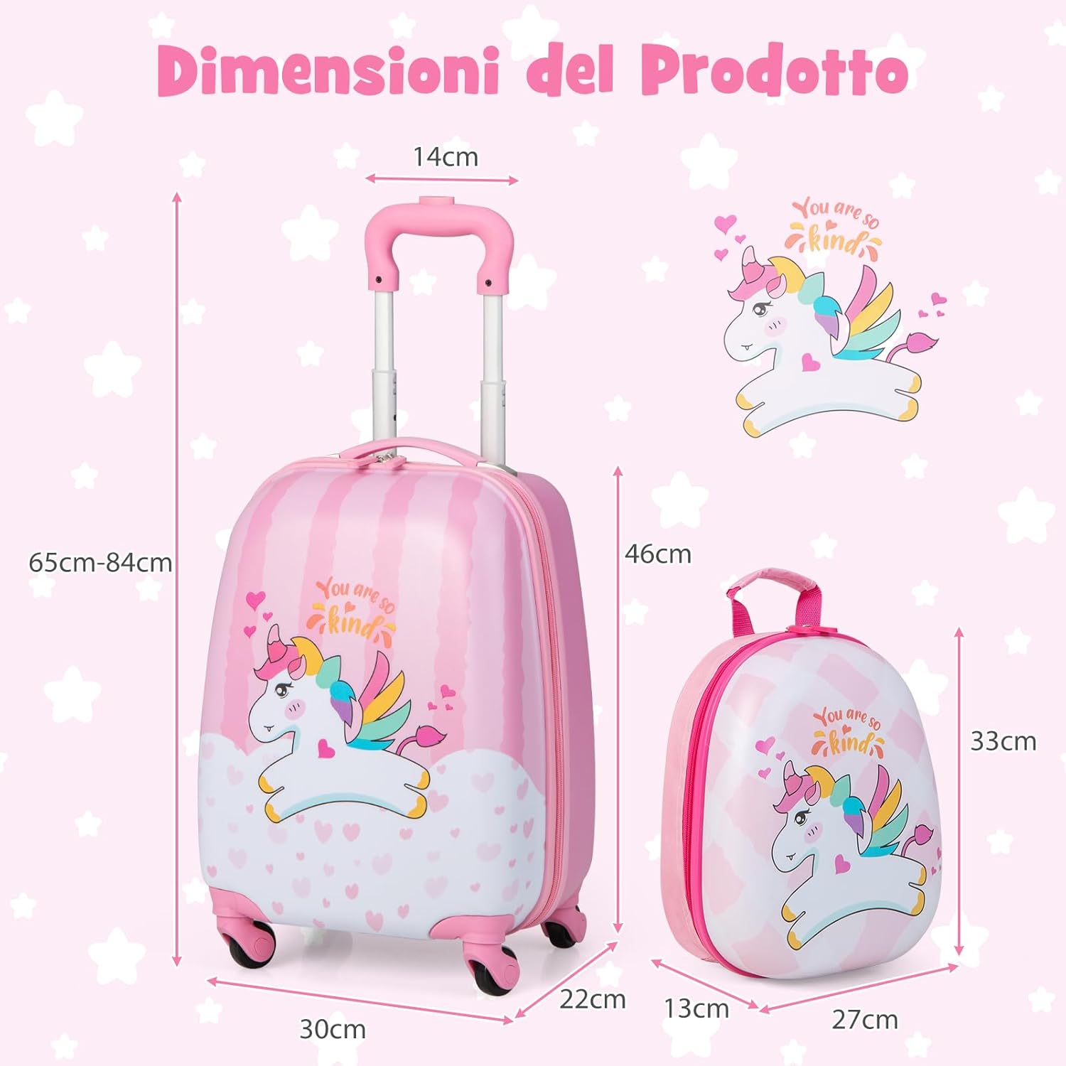 Set di Valigia per Bambini, 16" Valigia+ 12" Zaino, 2 Pezzi, con Ruote Girevoli a 360° e Maniglia Retrattile, Ideale per Viaggiare in Modo Comodo e Divertente (Modello 2)