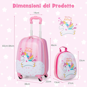 Set di Valigia per Bambini, 16" Valigia+ 12" Zaino, 2 Pezzi, con Ruote Girevoli a 360° e Maniglia Retrattile, Ideale per Viaggiare in Modo Comodo e Divertente (Modello 2)