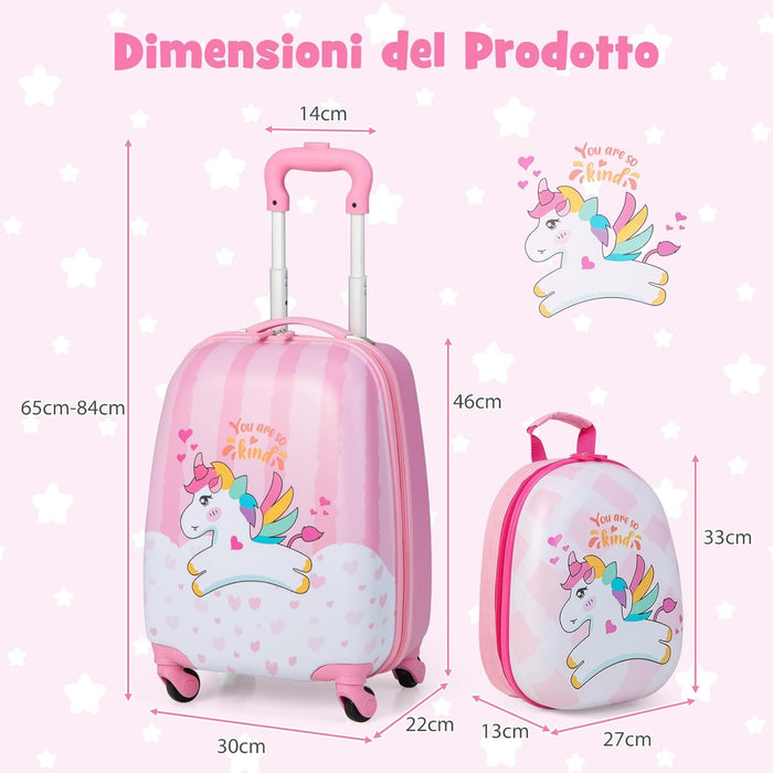 Set di Valigia per Bambini, 16" Valigia+ 12" Zaino, 2 Pezzi, con Ruote Girevoli a 360° e Maniglia Retrattile, Ideale per Viaggiare in Modo Comodo e Divertente (Modello 2)