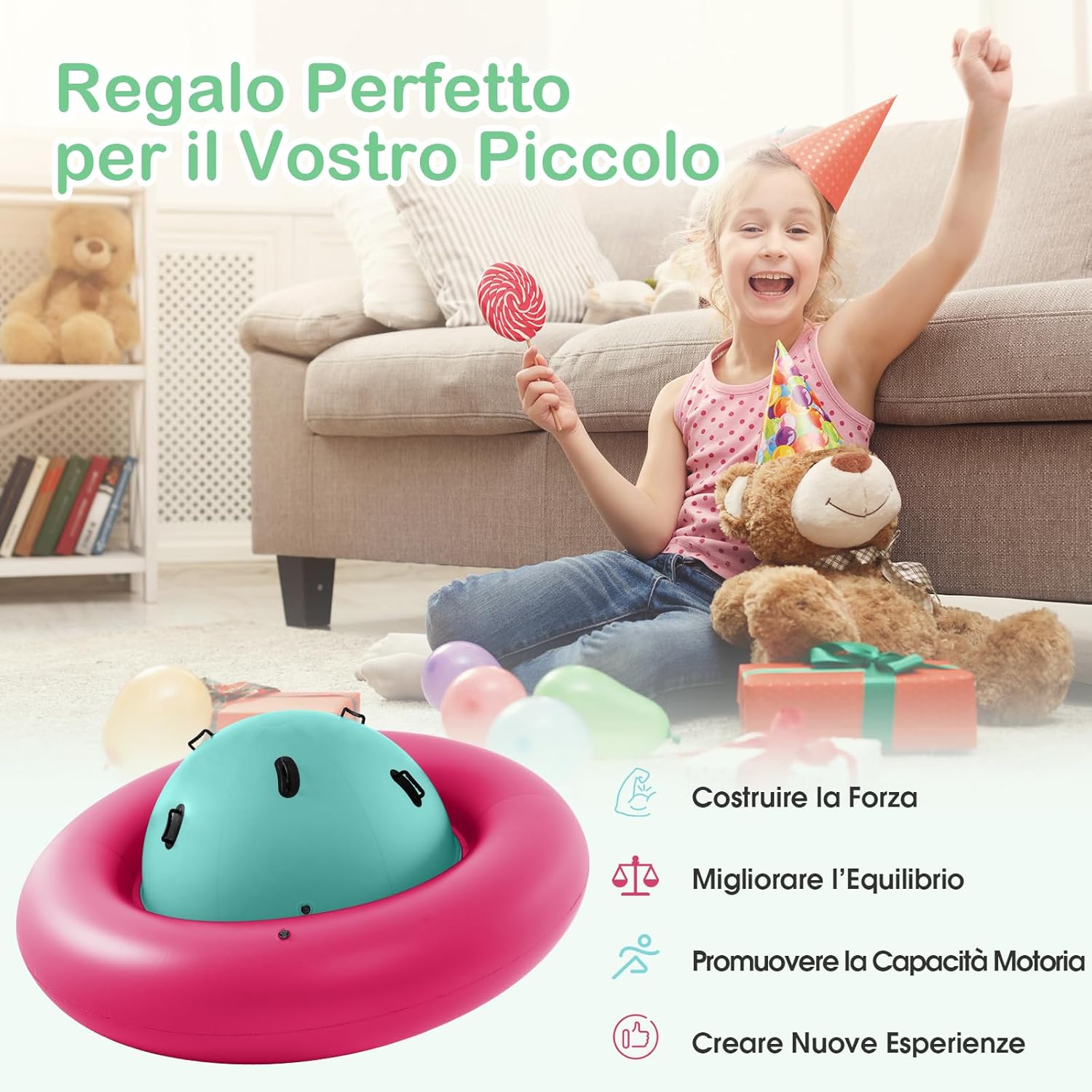 Giostra Gonfiabile a Pianeta per Bambini da 223CM per Inclinare, Arrampicarsi e Saltare con 6 Maniglie Incorporate, Giocattolo Spaziale per Esterno per Bambini dai 5 Anni+ (Rosa+Verde)