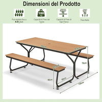 Tavolo con Panche da Esterno, Tavolo da Pranzo 183 CM con 2 Panche per 8 Persone, Tavolo da Picnic in Metallo e HDPE con Foro per Ombrellone, per Giardino Terrazzo (marrone)