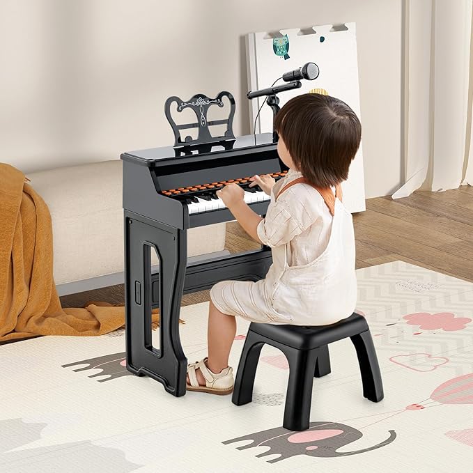 Set Pianoforte Elettrico per Bambini a 37 Tasti, Tastiera Digitale con Microfono Regolabile, Supporto per Spartiti Rimovibile, Funzioni di Record e Playback, per Bambini 3+ Anni (Nero)
