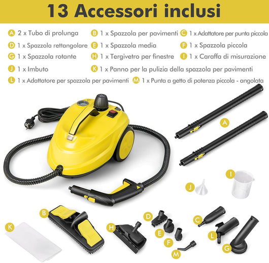 2000W Pulitore a Vapore, Macchina per Pulizia Rotante con 13 Accessori, Capacità d'Acqua di 1,8L, Macchina a Vapore Multiuso per Tappeti Finestre Vetri e Tende