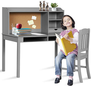 Set Scrivania e Sedia per Bambini 5-12 Anni, Tavolo in Materiale Sicuro con Bacheca in Sughero, 2 Cassetti e Spazio Ampio, Design Moderno, Ideale per Studio e Disegno (Grigio)