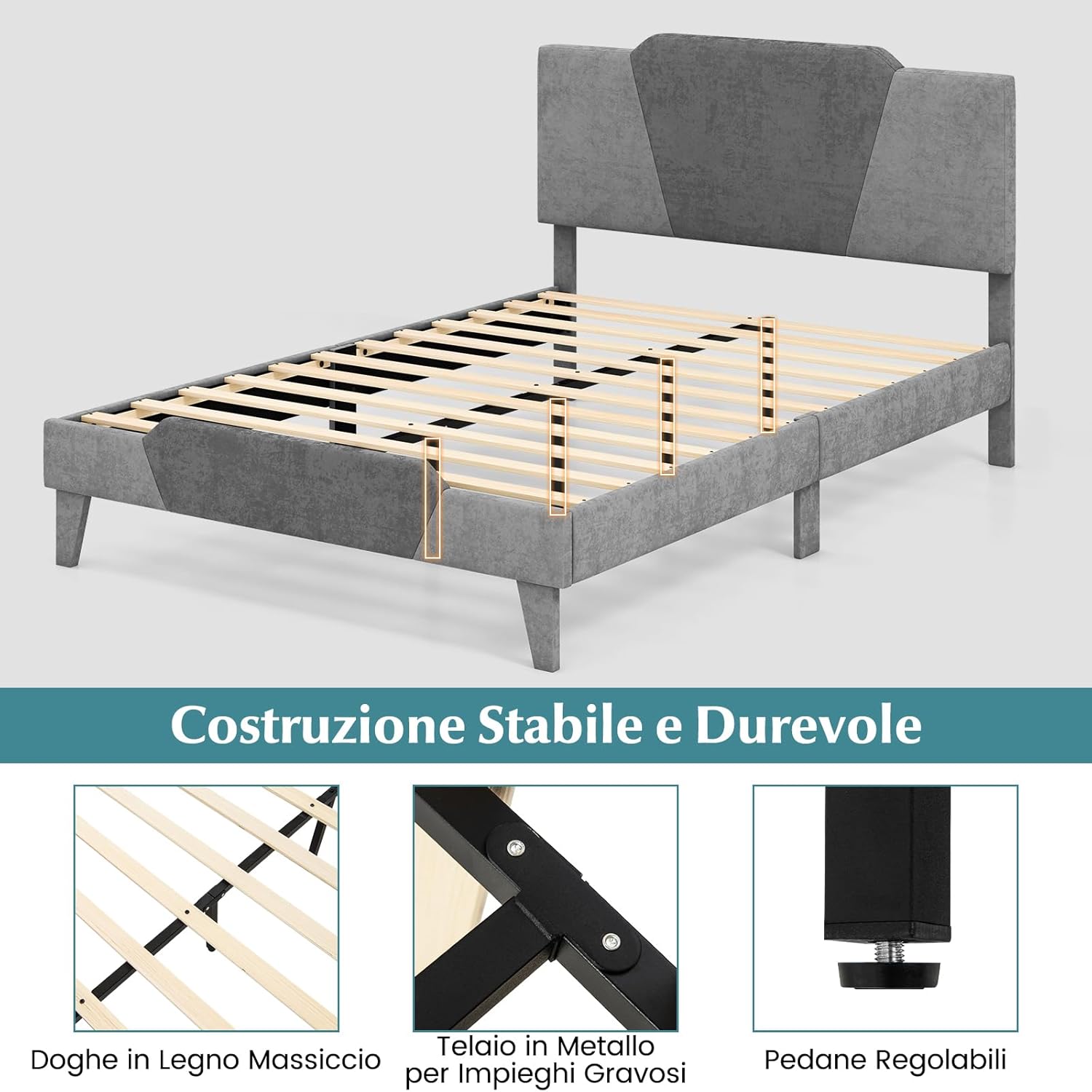 Letto con Struttura Imbottita in Velluto, Telaio da Letto con Doghe in Legno Massello e Testiera, 140 x 200 cm, Carico Massimo 500kg