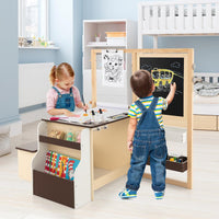 Set 3 in 1 Tavolo e Sedie per Bambini 3+ Anni, Tavolo in Legno Sicuro con Lavagna Cancellabile, Magnetica, Cavalletto Regolabile, Libreria e Accessori Artistici, per Disegno (Caffè)