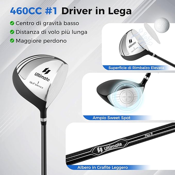 Set da Golf Completo con 9 Mazze, Sacca, Driver 460cc, Set Completo di Mazze da Golf per Uomo