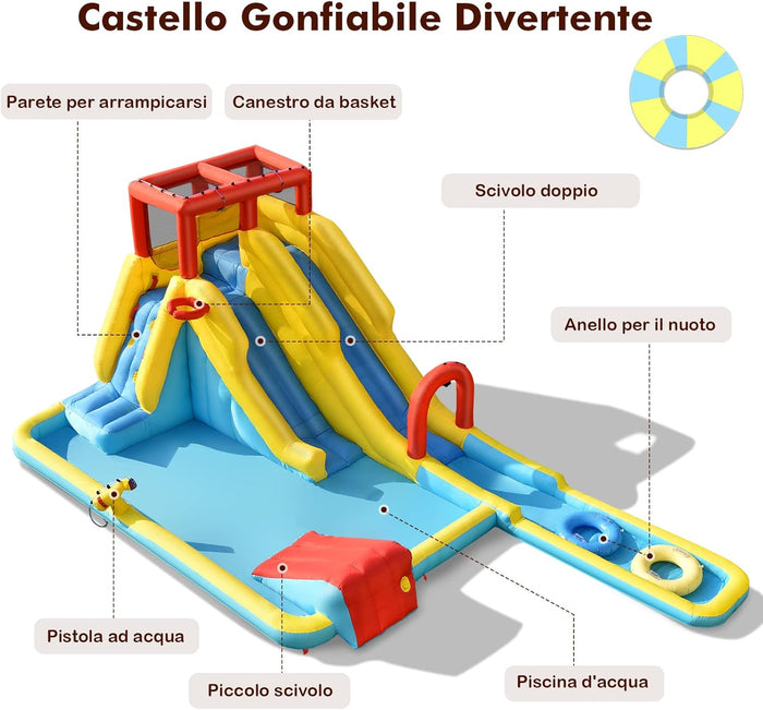 Castello Gonfiabile 8 in 1 per Bambini, Parco Acquatico con 2 Scivoli, Parete di Arrampicata, Area Basket e Palla, Borsa di Trasporto e Kit Riparazione, 622 x 335 x 225 cm (Senza soffiatore)