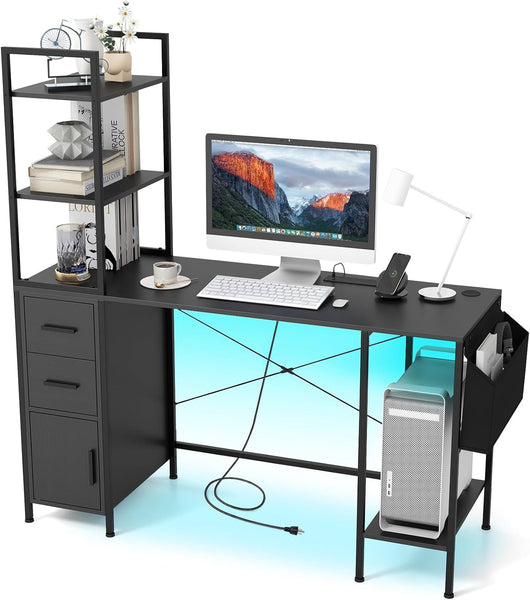 Scrivania con Libreria e Luci LED a Telecomando, Scrivania da Ufficio con Prese di Corrente, 2 Cassetti, 4 Ripiani e Anta, Scrivania per PC Salvaspazio con Tasca, 120 x 65 x 130 cm, Nero