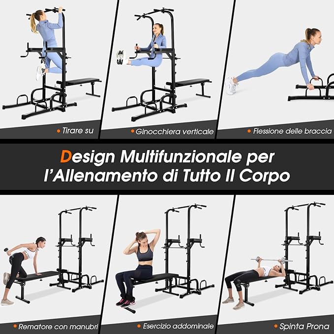 Power Tower Multifunzionale e Regolabile, Sbarra per Trazioni con Panca Pieghevole Regolabile in Altezza, Attrezzatura Fitness per Allenamento Completo del Corpo, Portata 250 kg