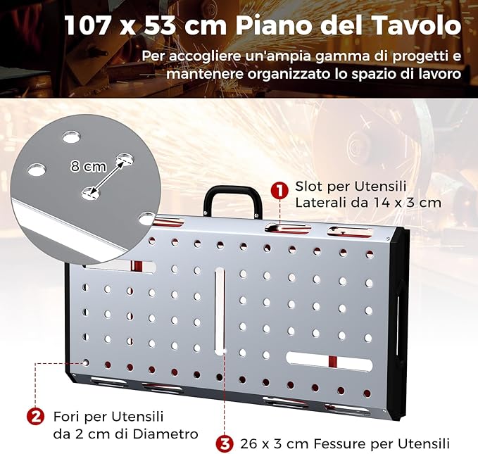 Tavolo da Lavoro Pieghevole, Banco da Lavoro Portatile con Altezza Regolabile a 7 Livelli e 2 Staffe da Saldatura, Capacità di Carico 450 KG (Modello 2)