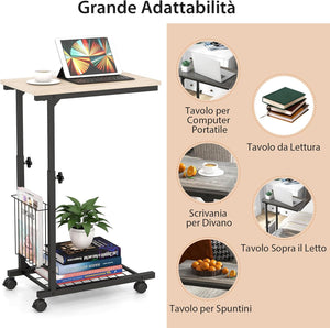 Tavolino da Salotto Moderno, Tavolino Basso Regolabile in Altezza con Ruote e Cestino Portaoggetti, Tavolino Porta PC a Forma di C da Divano e Letto per Soggiorno e Camera da Letto (Naturale)