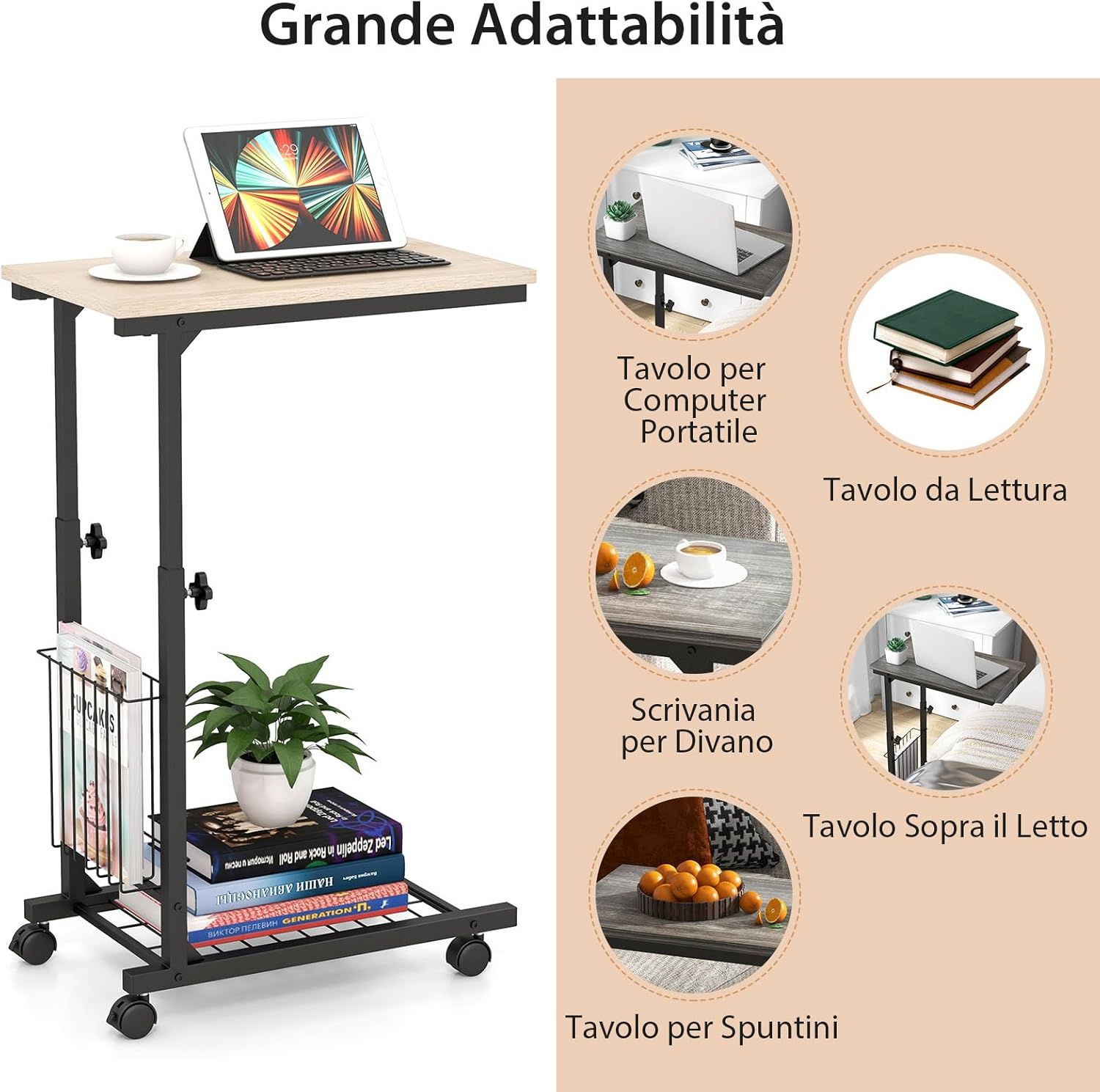 Tavolino da Salotto Moderno, Tavolino Basso Regolabile in Altezza con Ruote e Cestino Portaoggetti, Tavolino Porta PC a Forma di C da Divano e Letto per Soggiorno e Camera da Letto (Naturale)
