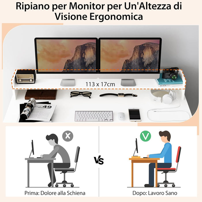Scrivania per Computer, Scrivania con 2 Librerie, Ripiano e Kit di Antiribaltamento, Scrivania Salvaspazio da Ufficio, Studio, Soggiorno e Camera da Letto, 120 x 54 x 90 cm, Bianco