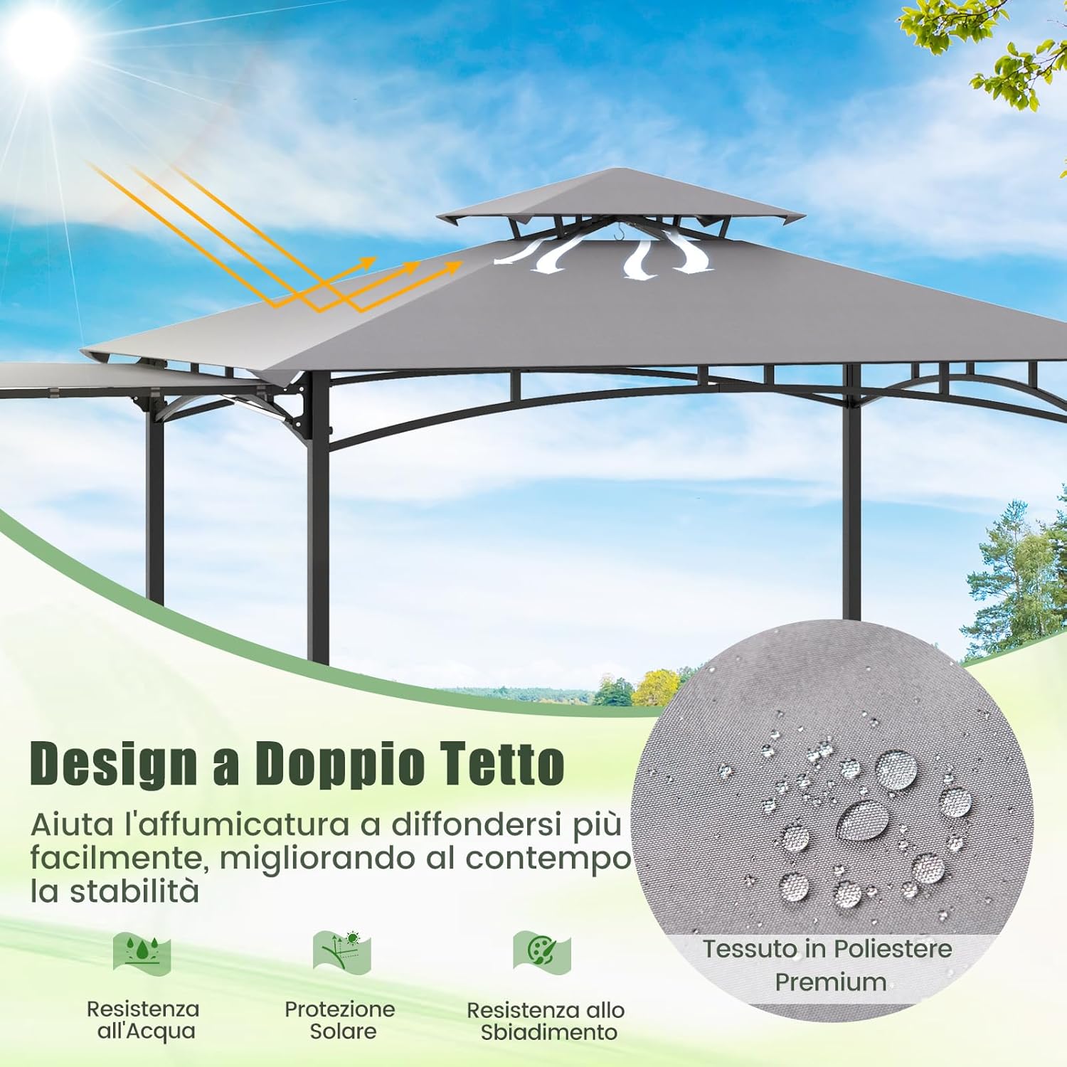 Gazebo per Barbecue, Pergola per BBQ con Tendalino Laterale, Tetto a 2 Livelli, 2 Ripiani Laterali, Ganci Appesi, Apribottiglie, per Giardino e Cortile, 318 x 153 x 250 cm (Grigio)