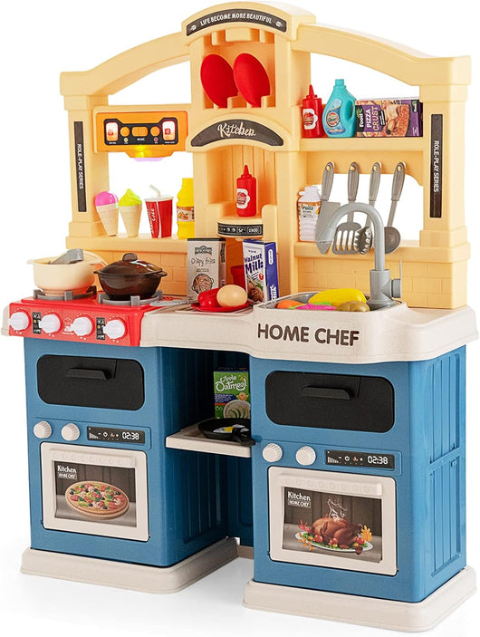 Cucina Giocattolo per Bambini, Cucina per Bambini con Forno, Microonde, Lavello e Rubinetto, Funzione Luci e Suoni, Vapore e Ebollizione, 69 Accessori, per Bambini 3+ Anni (Blu)
