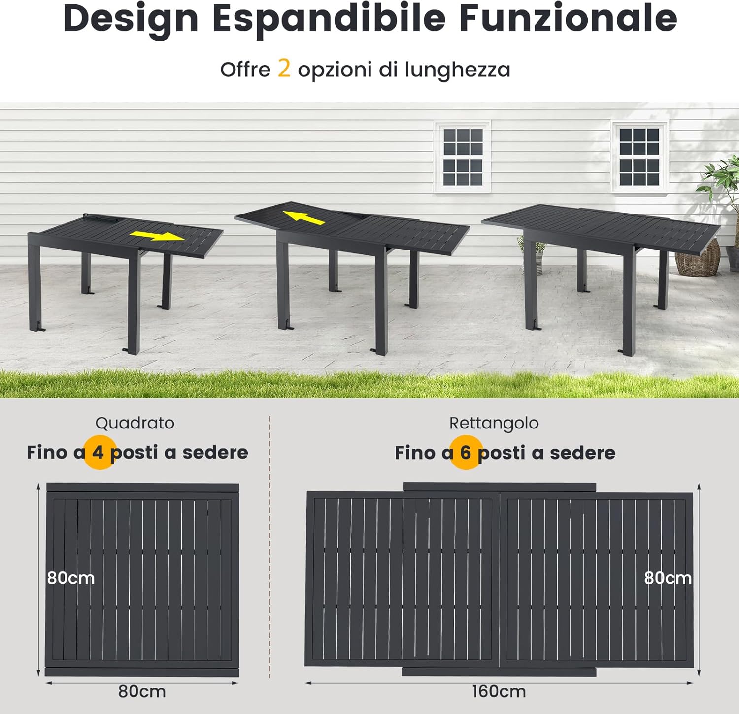 Tavolo da Pranzo Espandibile da Giardino, Tavolo Alluminio Estendibile 80/160 cm, Piano Tavolo a Doghe, Tavolo Quadrato Rettangolare per Cortile, Portata 160 kg, 80/160 x 80 x 75 cm