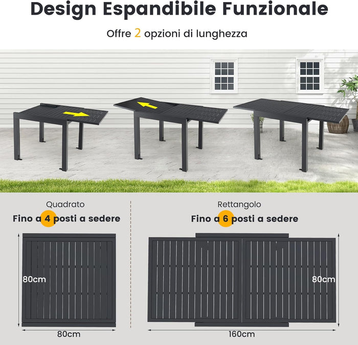 Tavolo da Pranzo Espandibile da Giardino, Tavolo Alluminio Estendibile 80/160 cm, Piano Tavolo a Doghe, Tavolo Quadrato Rettangolare per Cortile, Portata 160 kg, 80/160 x 80 x 75 cm