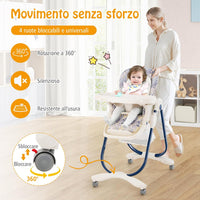 Seggiolone Pappa per Bambini e Neonati, Seggiolone Pieghevole Multifunzione con Ruote, Altezza Regolabile, Poggiapiedi e Schienale, Vassoio Rimovibile, per 6-36 Mesi (Blu)