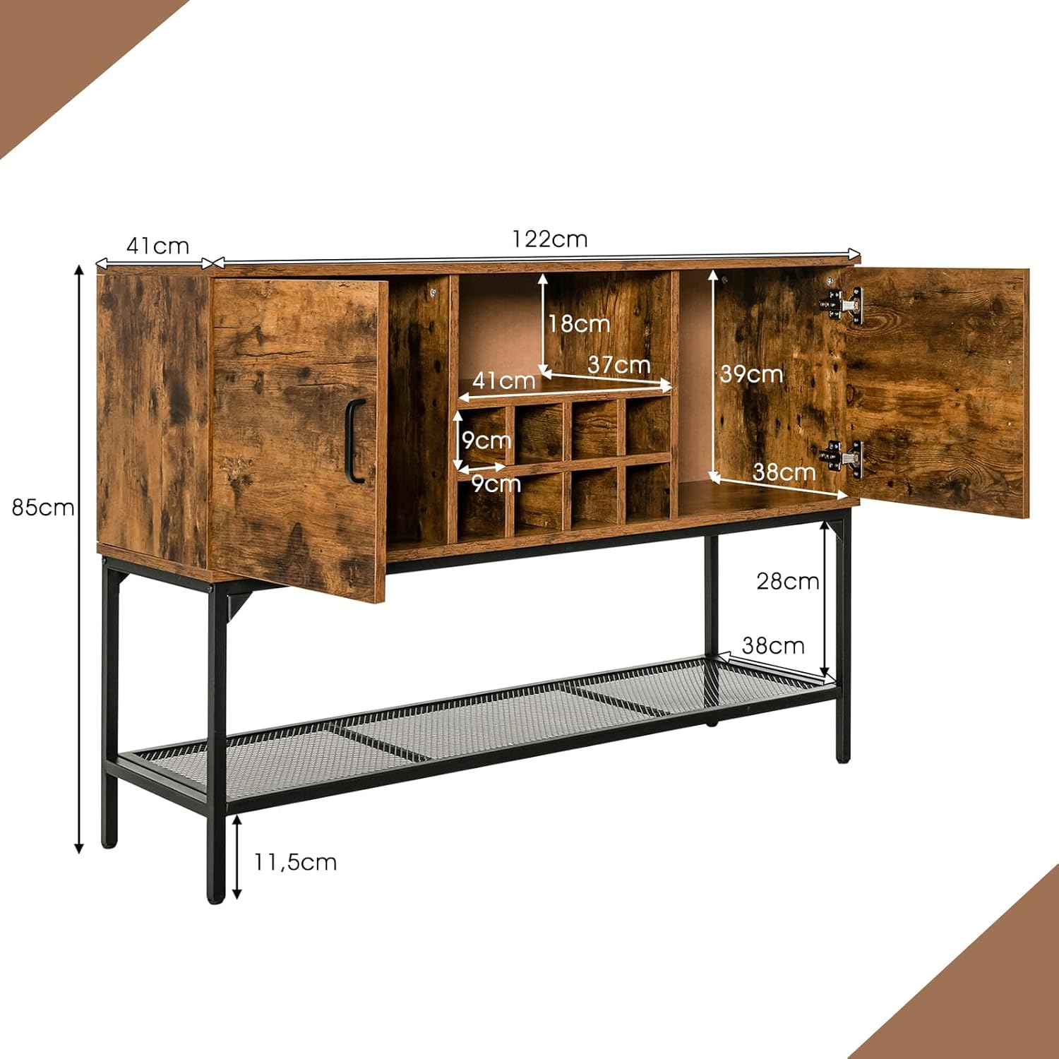 Credenza Industriale per Buffet, Mobile da Cucina con Portabottiglie, Ripiano in Rete Metallica, 2 Ante, Armadietto da Cucina a 2 Livelli per Sala da Pranzo, Soggiorno