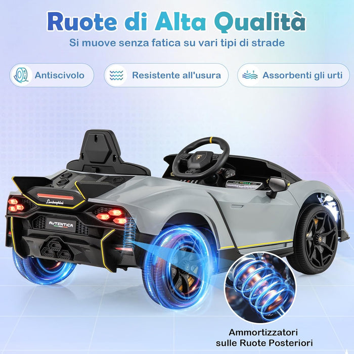 12 V Lamborghini Macchina Elettrica per Bambini, Auto Elettrica Cavalcabile con Telecomando Luci Ammortizzatori a Mola, 3 Velocità, per Bambini 3-8 Anni, 2-4 Km/h (Grigio)