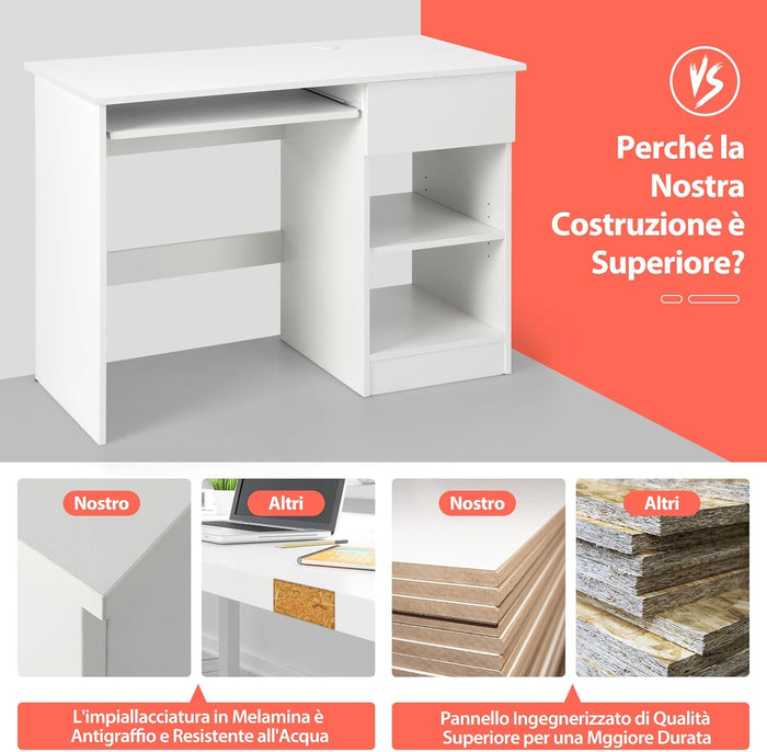 Scrivania con Cassetto, Scrivania per Computer in Legno con Vassoio per Tastiera Estraibile, Supporto per CPU e Ripiani Regolabili, Scrivania Moderna per Studio e Ufficio, Bianco