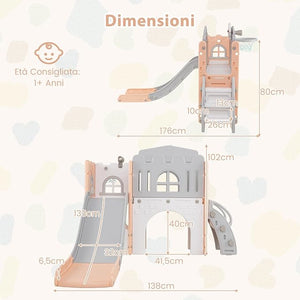 Scivolo per Bambini 9 in 1, Set da Gioco con Canestro da Basket, Telescopio, Volante, Corridoio, Tunnel e Spazio di Archiviazione, Scivolo da Interno ed Esterno per 1+ Anni (Rosa+Grigio)
