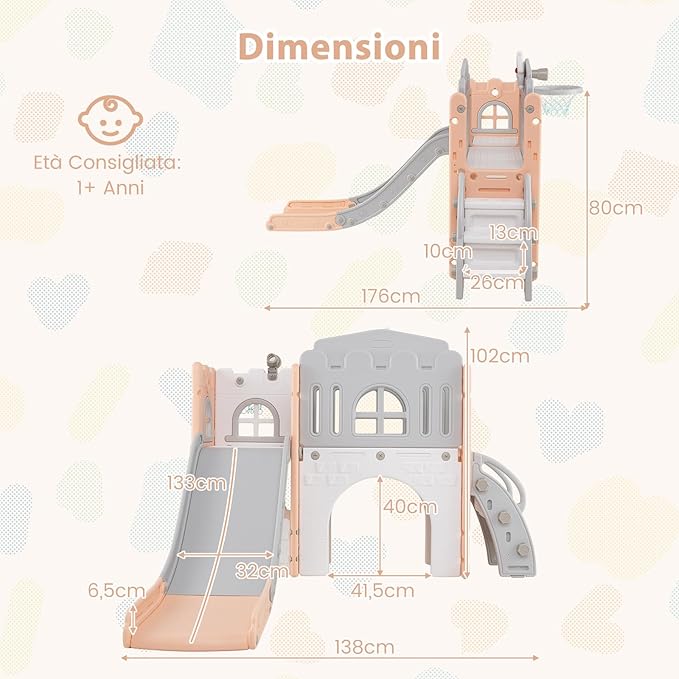 Scivolo per Bambini 9 in 1, Set da Gioco con Canestro da Basket, Telescopio, Volante, Corridoio, Tunnel e Spazio di Archiviazione, Scivolo da Interno ed Esterno per 1+ Anni (Rosa+Grigio)