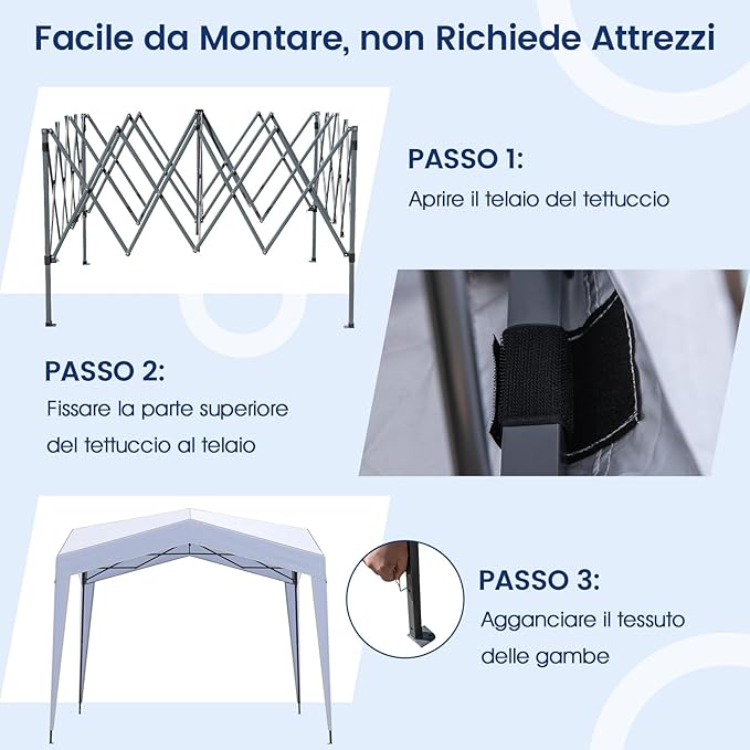 Gazebo Pop-up 302 x 302 cm, Gazebo Impermeabile con Ruote, 8 Picchetti, 4 Corde Antivento, Tendone Pieghevole Resistente per Spiaggia, Feste e Campeggio