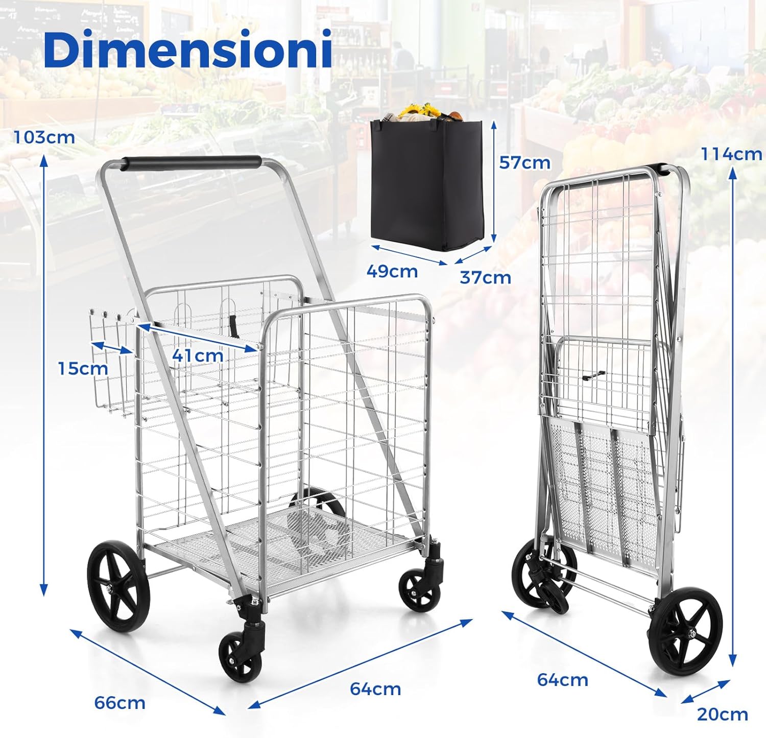 Carrello della Spesa Pieghevole con Sacca, Carrello Portaspesa con Ruote Girevoli a 360°, 2 Cesti, Capacità di Carico: 150 kg, 126 L, 66 x 64 x 103 cm