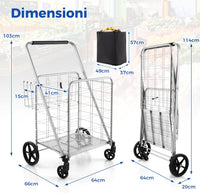 Carrello della Spesa Pieghevole con Sacca, Carrello Portaspesa con Ruote Girevoli a 360°, 2 Cesti, Capacità di Carico: 150 kg, 126 L, 66 x 64 x 103 cm