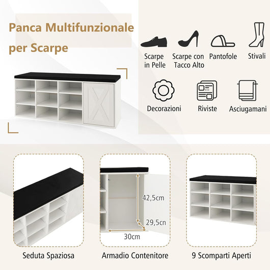 Panca Scarpiera da Ingresso, Scarpiera con Seduta Imbottito, 9 Scomparti e Armadio con Ante, Panca Contenitore con Ripiani Regolabili, per Camera da Letto Corridoio, 110,5x30x49 cm (Bianco)